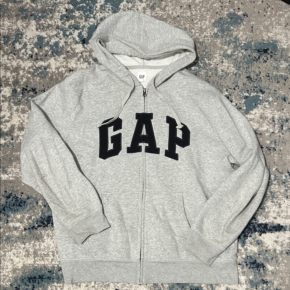 GAP Light Gray Zip-Up Hoodie with Black Logo